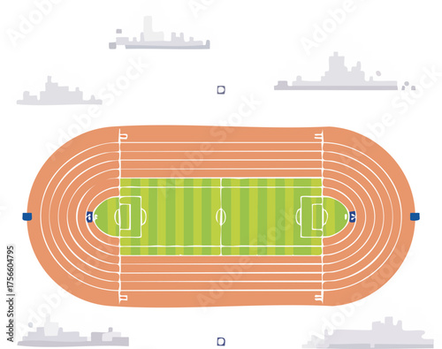 Top view of a running track and sports field with stylized clouds Keywords: running track, sports field, stadium, athletics, race, competition, top