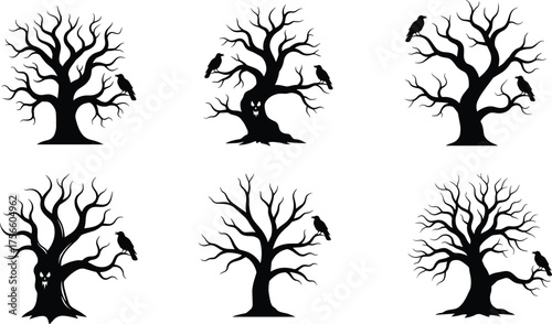 Haunted tree silhouette set, black vector illustration, spooky forest design with crows and faces, Halloween nature artwork, eerie gothic atmosphere concept art