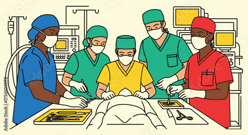 Diverse surgical team performing operation in modern operating room