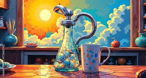 A vibrant sunrise illuminates a kitchen counter with a quirky glass pitcher filled with small orbs and a polka-dotted mug, against a cloudy sky.