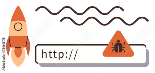 Rocket launch beside malware warning icon above a browser URL, signaling technology progress and security. Ideal for technology, cybersecurity, progress, innovation, internet safety, web protection