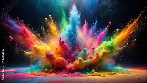 A vibrant explosion of multicolored powder creates a stunning visual spectacle, showcasing a dynamic burst of color and texture against a dark backdrop