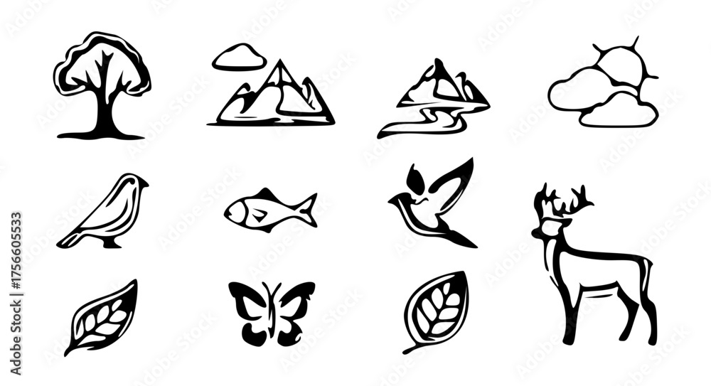 Obraz premium Nature and Wildlife Icon Set-trees, mountains, river, sun, clouds, fish, bird, deer, butterfly, and leaf.