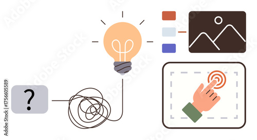 Light bulb, tangled line, abstract query, hand clicking button, color palette, and image. Ideal for creativity, design solution-finding UX brainstorming innovation and abstract thinking. Simple