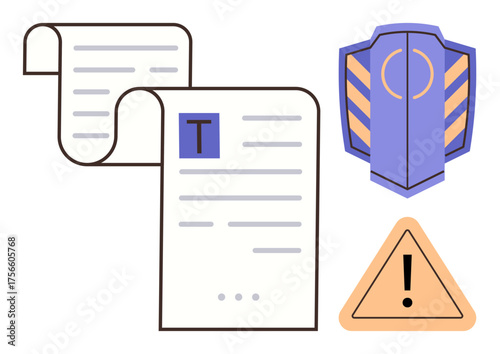 Document scroll, shield icon, and warning sign convey security, compliance, and risk management. Ideal for legal, cybersecurity, data protection, alerts governance auditing simple flat metaphor