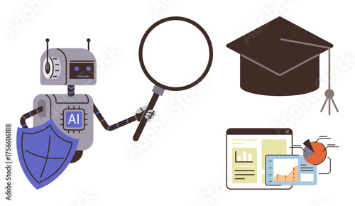 Robot with AI label holding a magnifying glass, graduation cap, analytics dashboard. Ideal for education, technology, artificial intelligence, research, data analysis innovation e-learning. Simple