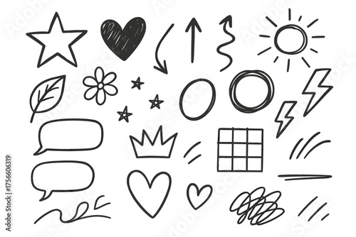 Hand-drawn doodles and sketches of various shapes and symbols  