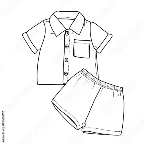 A simple black and white line art illustration of a baby boys two-piece summer clothing set, featuring a collared short-sleeved button-up shirt with a pocket and matching elastic-waist shorts