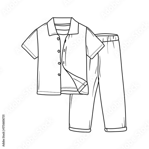 A simple line drawing of a matching pajama set, featuring a button-down short-sleeved top and comfortable pants.