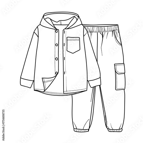 Stylish childrens clothing set featuring a hooded jacket and matching pants line art vector illustration