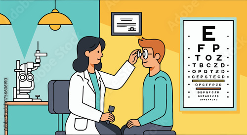 Optometrist examines patient s eyes with chart