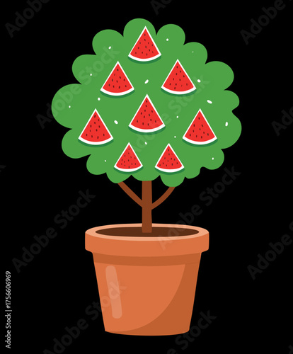 Potted watermelon topiary tree with red fruit slices and fresh green leaves in a simple home gardening illustration