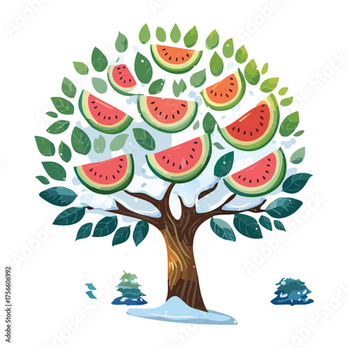 Watermelon fruit tree illustration with many ripe melon slices on the branches in a simple graphic style