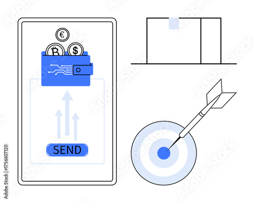 Smartphone with wallet and cryptocurrencies sent via Send button, dart hitting target, abstract blockchain. Ideal for fintech, payments, blockchain, digital currency, transactions, goals success