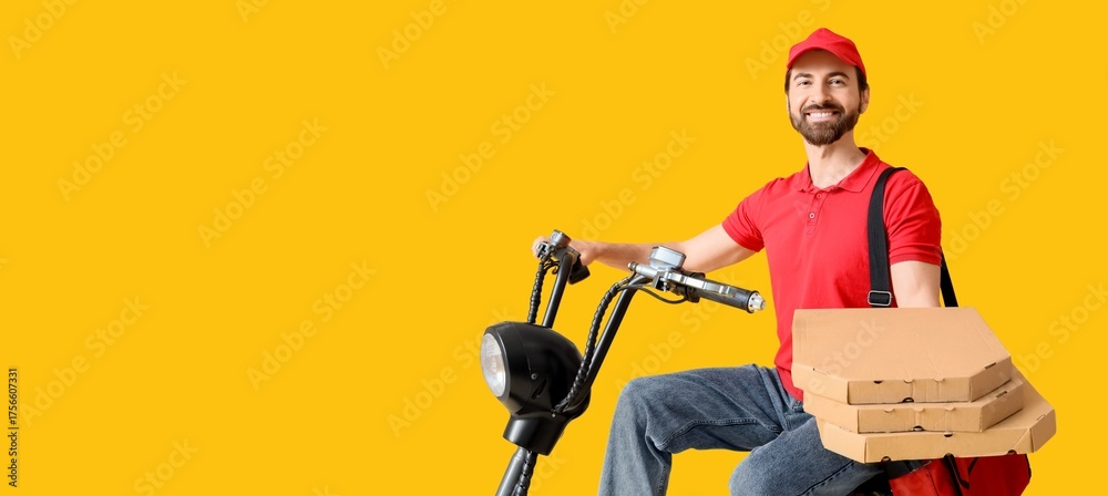Obraz premium Male courier with pizza riding electric bike on yellow background with space for text