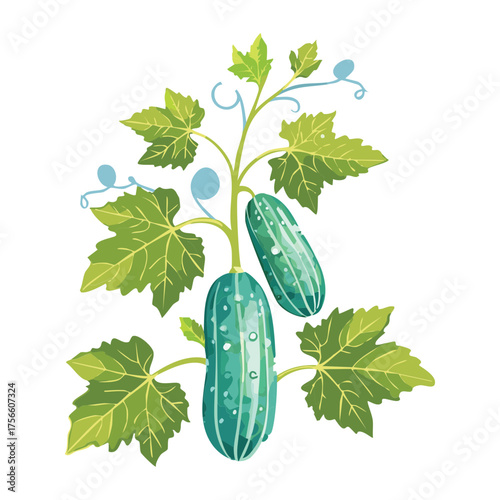 Small cucumber plant with developing fruit climbing a simple support in a bright and cheerful cartoon vector style