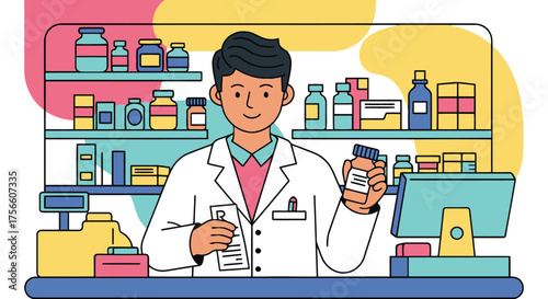 Pharmacist holding medication bottles behind a counter with shelves of medicine