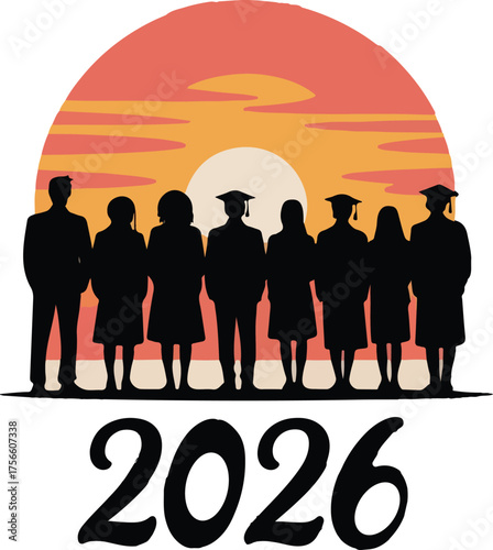 Graduation 2026 Silhouette Illustration – Students in Caps and Gowns Standing Together at Sunset, Symbol of Success, Achievement, and Future Goals