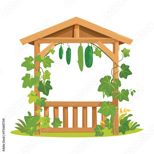 Cucumber vine growing on an outdoor wooden trellis or pergola structure in a lush vegetable garden environment