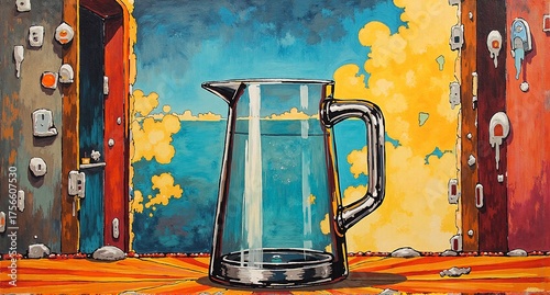 A clear glass pitcher of water on a reflective surface. Behind it, a vibrant, surreal landscape of yellow clouds and blue, framed by textured walls.