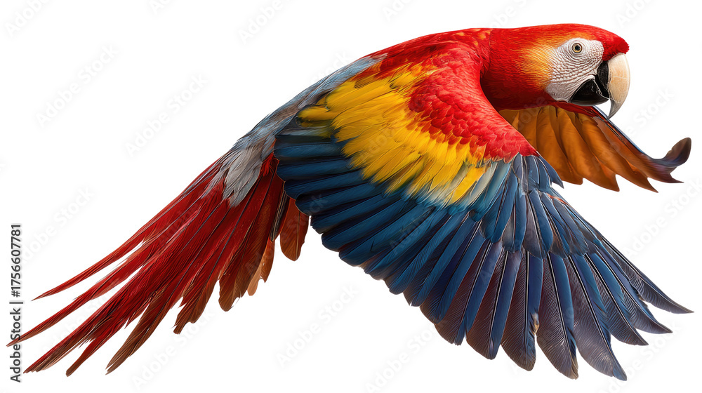 Fototapeta premium Soaring Scarlet Macaw: A vibrant macaw with a dazzling display of red, yellow, and blue plumage takes flight, wings gracefully outstretched, showcasing the beauty of avian freedom.