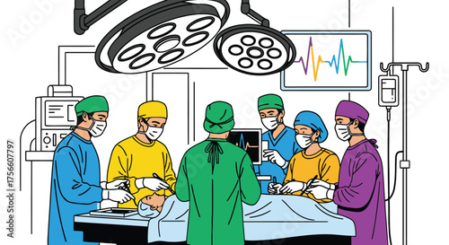 Surgical team gathers around patient during operation