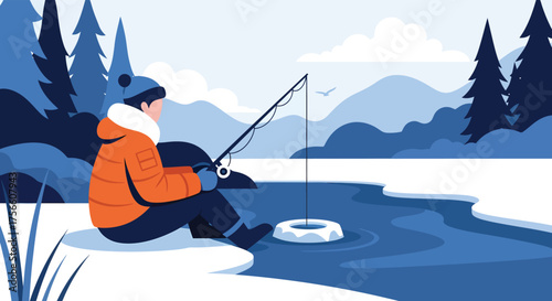 Ice Fishing Winter Scene with Fisherman on Frozen Lake Illustration
