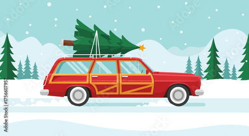 Christmas Tree on Red Station Wagon, Winter Holiday Illustration