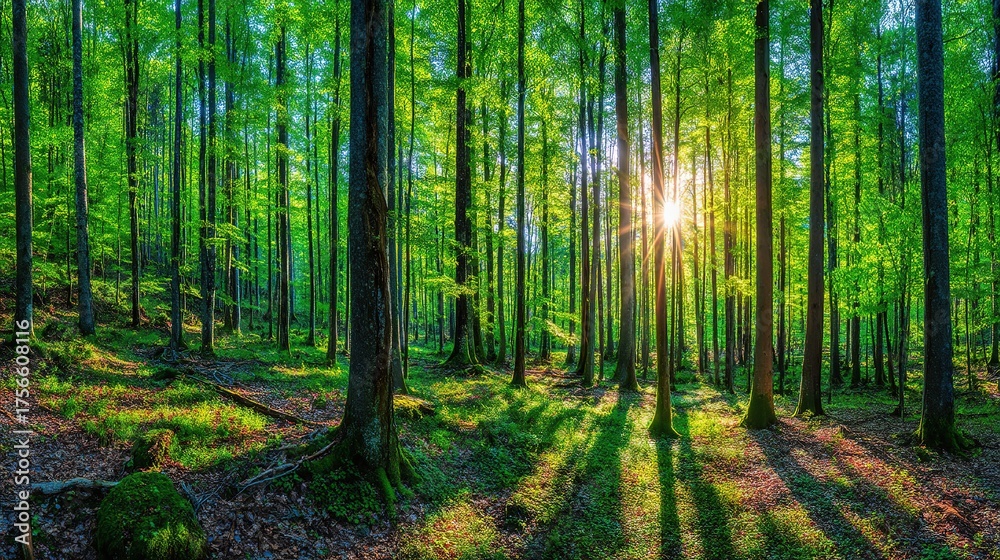 Obraz premium Sunlit Forest Clearing with Sunbeams and Tall Trees