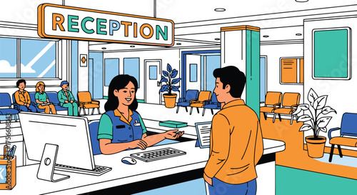 Patient checking in at a medical clinic reception desk