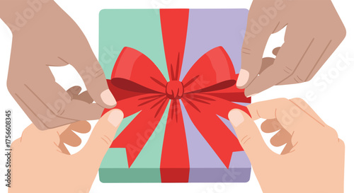 Hands Tying Red Ribbon Bow on Gift Box, Sharing Surprise Present
