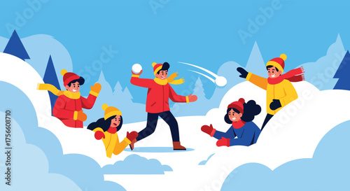 Children Playing Snowball Fight in Winter Wonderland Landscape