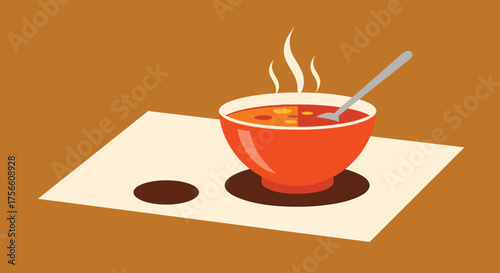 Steaming Bowl of Soup on Mat, Hot Food and Spoon Illustration