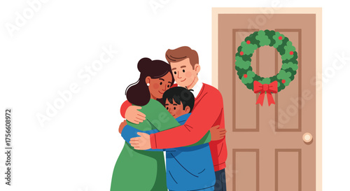 Family Hugging at Door with Christmas Wreath Welcome Home, Holidays, Love