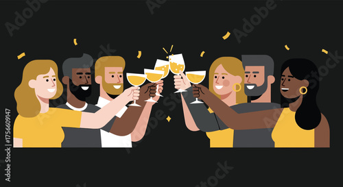 Diverse group of friends toasting with wine glasses at a party against a dark backdrop, celebrating friendship and joy with confetti falling.