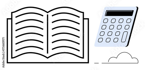 Open book and calculator symbolizing learning, education, knowledge, research, accounting, problem-solving, and technology. Ideal for academic resources, study tools finance cloud-based learning