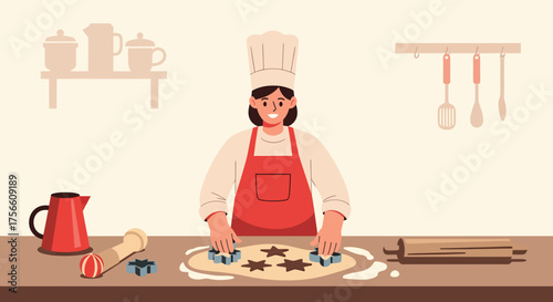Smiling woman in chef's hat cuts out starshaped cookies from dough on kitchen counter, preparing for baking with joy and enthusiasm.