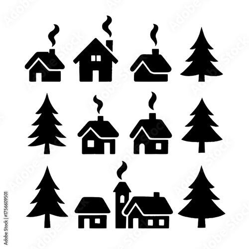Simple House and Tree Icon Set: A collection of simple, stylized house and tree icons, ideal for use in design projects or as visual elements.