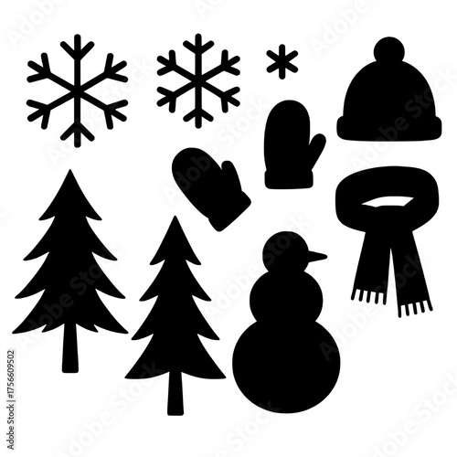 Winter Silhouette Collection: A collection of winter silhouettes of a snowman, snowflake, and winter accessories, illustrating a winter scene.