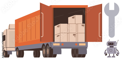 Cargo truck loaded with boxes, accompanied by a robot and wrench. Ideal for logistics, freight, technology, automation, delivery, industrial tools and transportation. Simple flat metaphor