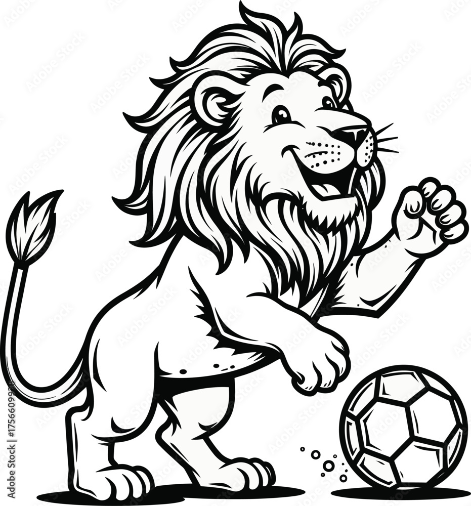 Naklejka premium Playful cartoon lion character with a soccer ball, a friendly sports mascot illustration in black and white line art