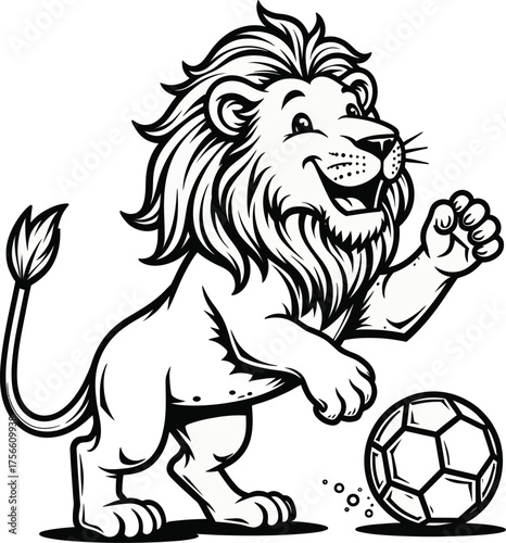 Playful cartoon lion character with a soccer ball, a friendly sports mascot illustration in black and white line art