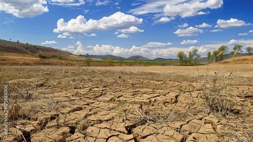 Land Degradation with cracked, dry soil, sparse withered grass, and eroded earth patches, under a bright sun in a rural or semi-arid area, showing signs of soil infertility and loss of vegetation cove