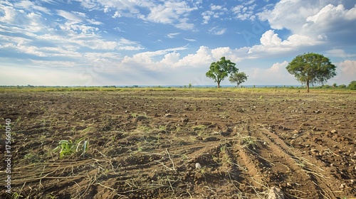 Land Degradation with cracked, dry soil, sparse withered grass, and eroded earth patches, under a bright sun in a rural or semi-arid area, showing signs of soil infertility and loss of vegetation cove