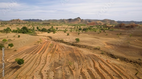 Land Degradation with cracked, dry soil, sparse withered grass, and eroded earth patches, under a bright sun in a rural or semi-arid area, showing signs of soil infertility and loss of vegetation cove