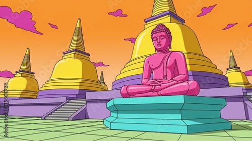 Vibrant Pink Buddha Statue in Meditative Pose Surrounded by Golden Stupas Under an Orange Sky
