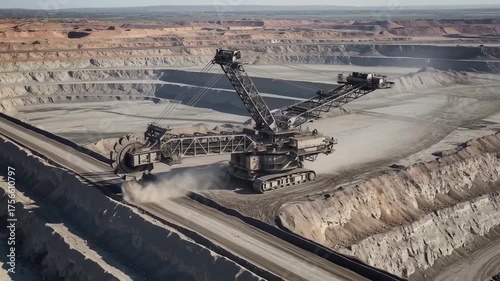 Massive Bucket-Wheel Excavator Digging in Open-Pit Mine: Aerial View of Industrial Landscape