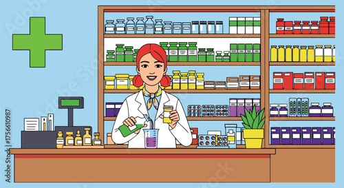 Pharmacist standing behind counter in pharmacy with shelves of medicine