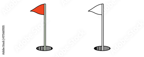 Golf course flag hole red and white illustration in cartoon flat vector style used in sports and championships