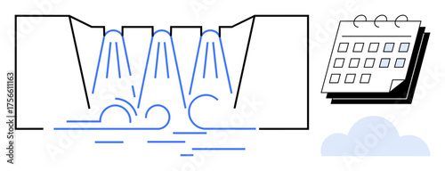 Flowing water from dam turbines with calendar symbolizing resource management. Ideal for energy, nature, schedule, sustainability, environment, hydropower, renewable energy. Simple flat metaphor